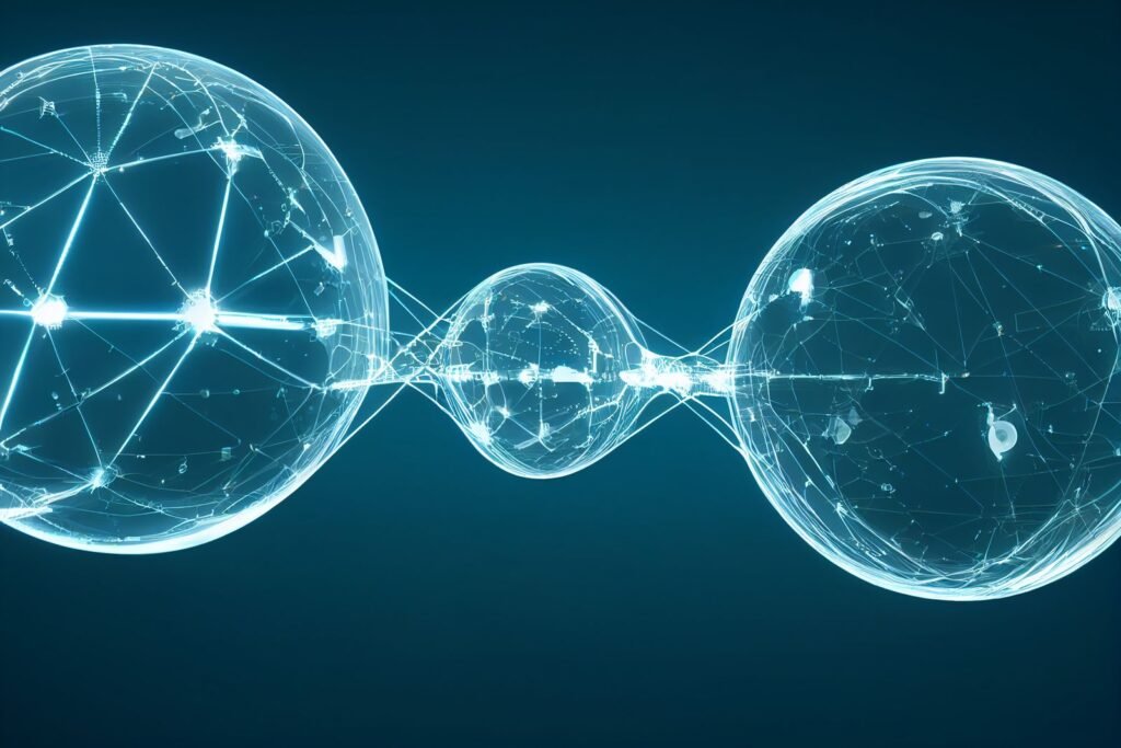 Translucent digital spheres linked by glowing network lines