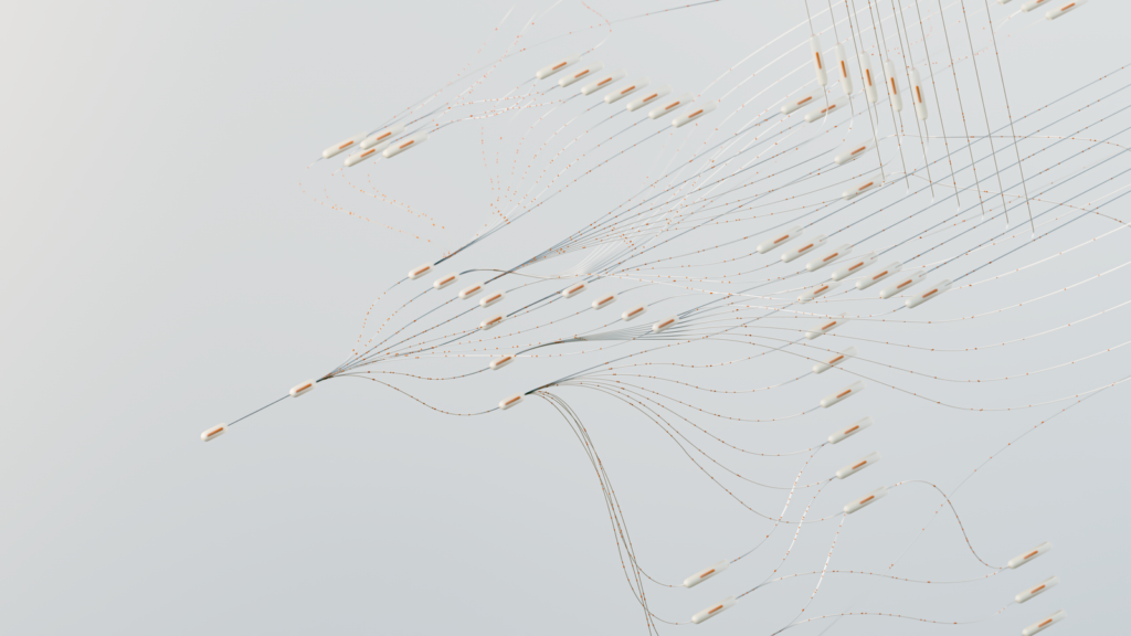 Abstract line illustration of data paths branching across a light background