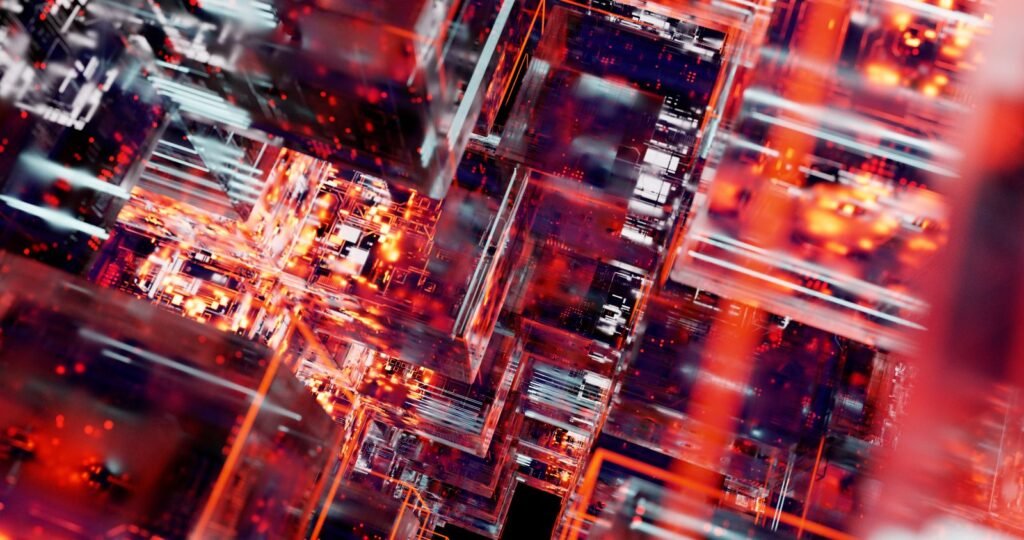 Abstract visualization of glowing digital circuit structures