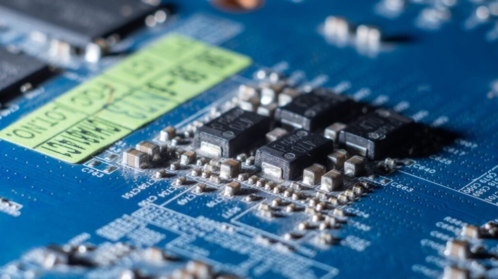 Macro view of a blue circuit board with microchips